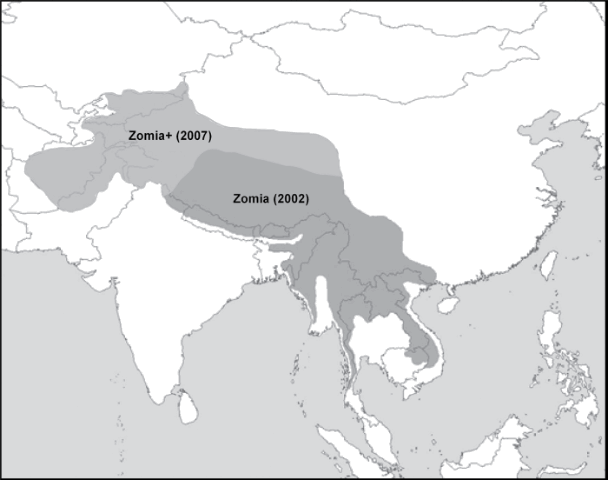  Zomia asli Van Schendel (2002) dan perluasannya ke utara dan barat (2007). Sumber: Peta berdasarkan sebagian dari van Schendel, 'Geographies', halaman 653.